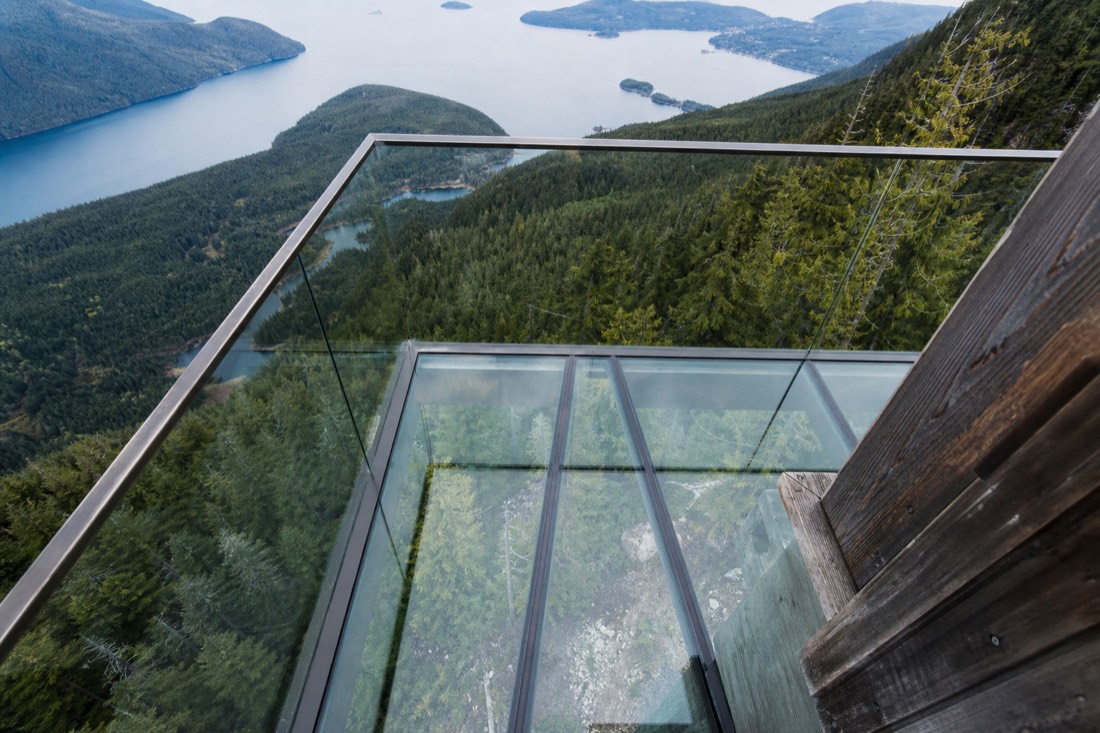 The glass-floor lookout and overhang at the top of the Malahat Skywalk