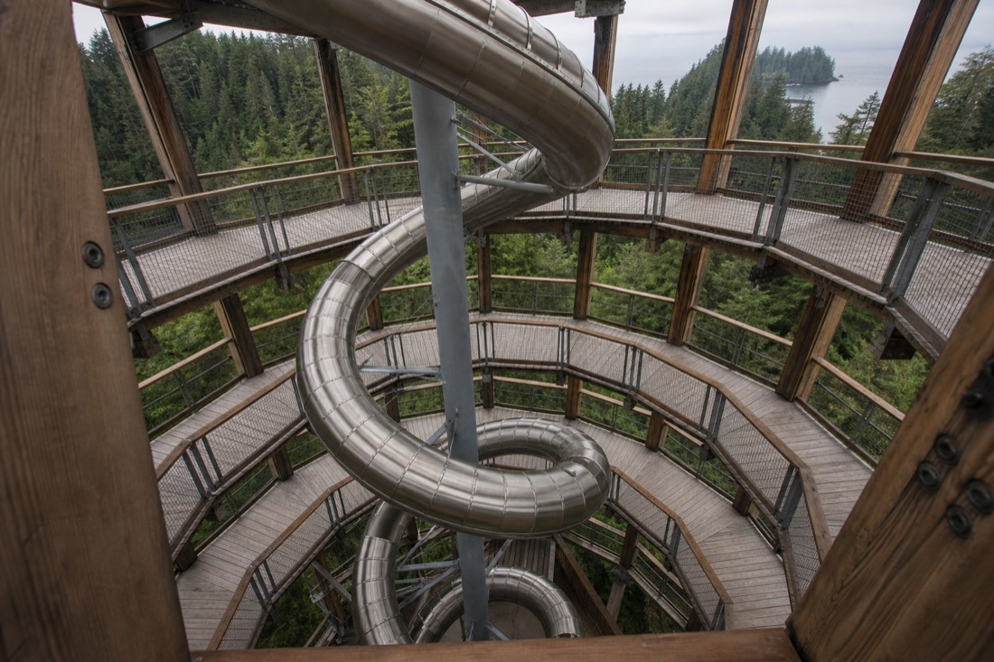 The spiral slide back down through the centre of the Malahat Skywalk tower
